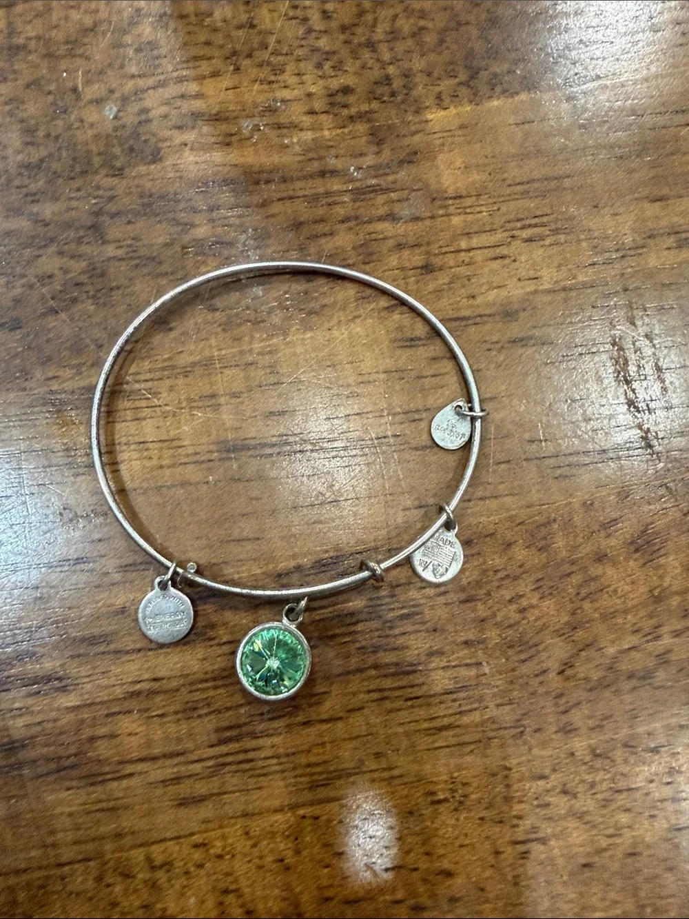 Alex and Ani Silver Bangle with Green Crystal Charm